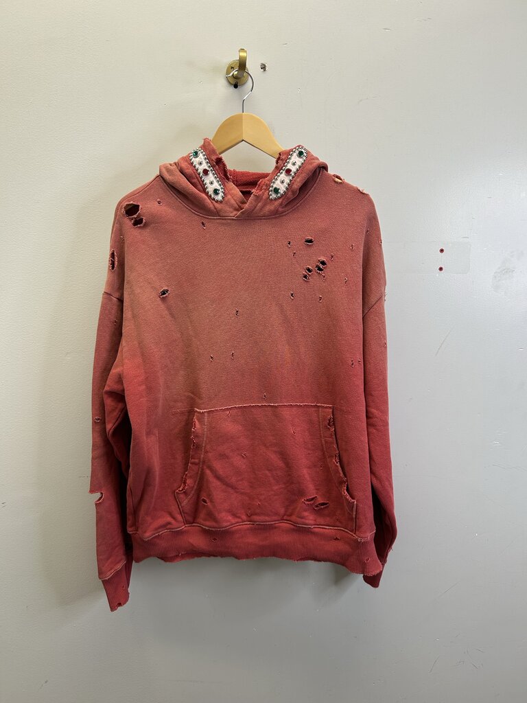New Kapital Red Distressed Rhinestone Hoodie Size Large