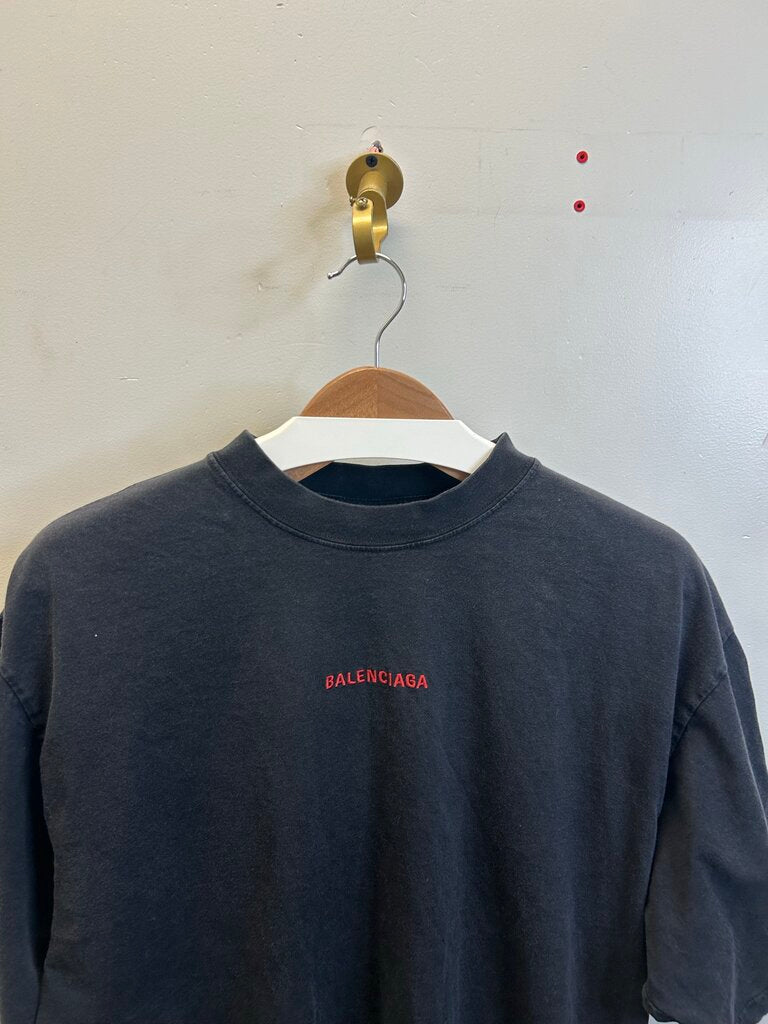 Preowned Balenciaga Black Washed Red Logo Backshot Tee Sz.XS
