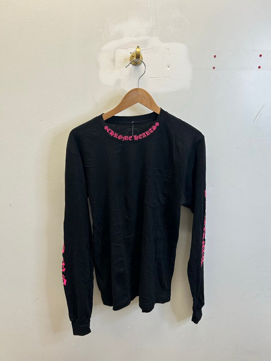 New Chrome Hearts Black Ls Pink Neck Logo Sz.Medium