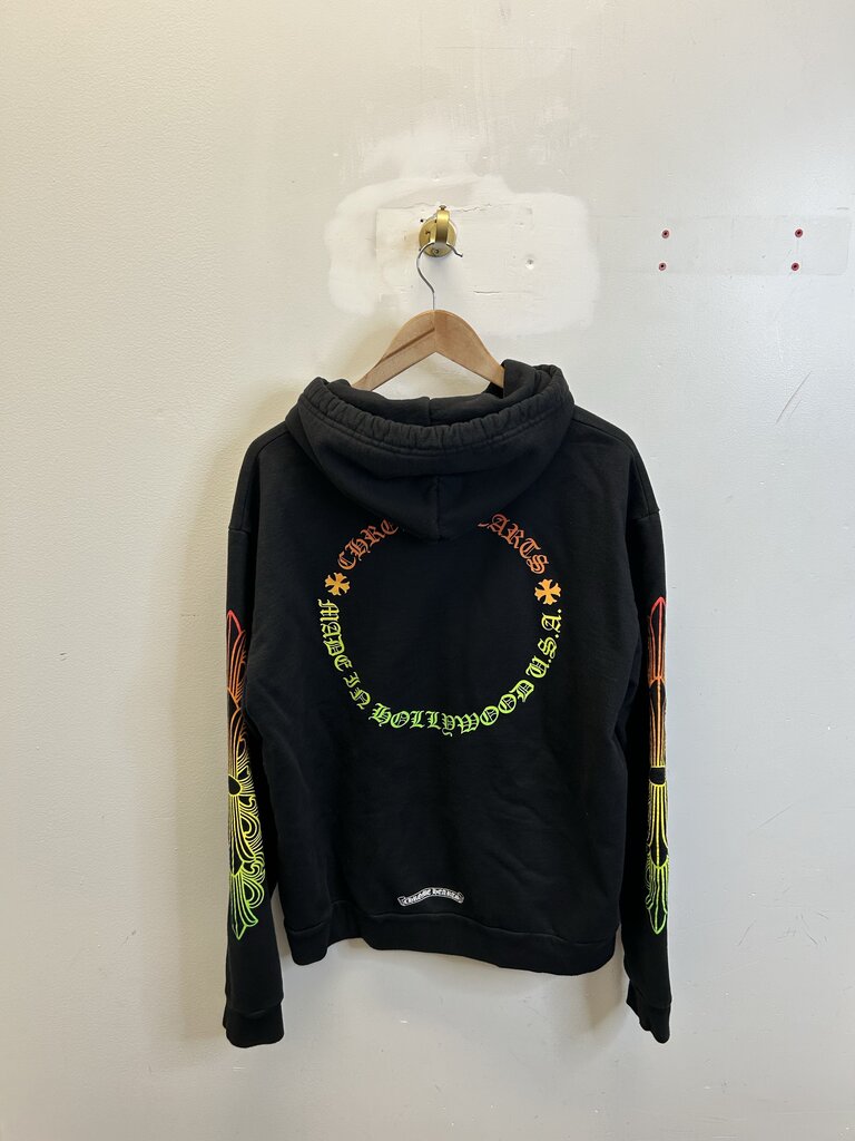 Preowned Chrome Hearts Green Yellow Orange Gradient Black Hoodie Sz.Medium