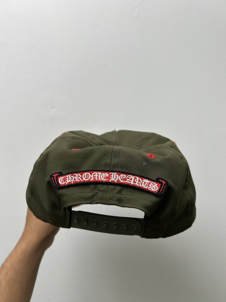 Preowned Chrome Hearts Olive Red White King Taco Trucker Hat