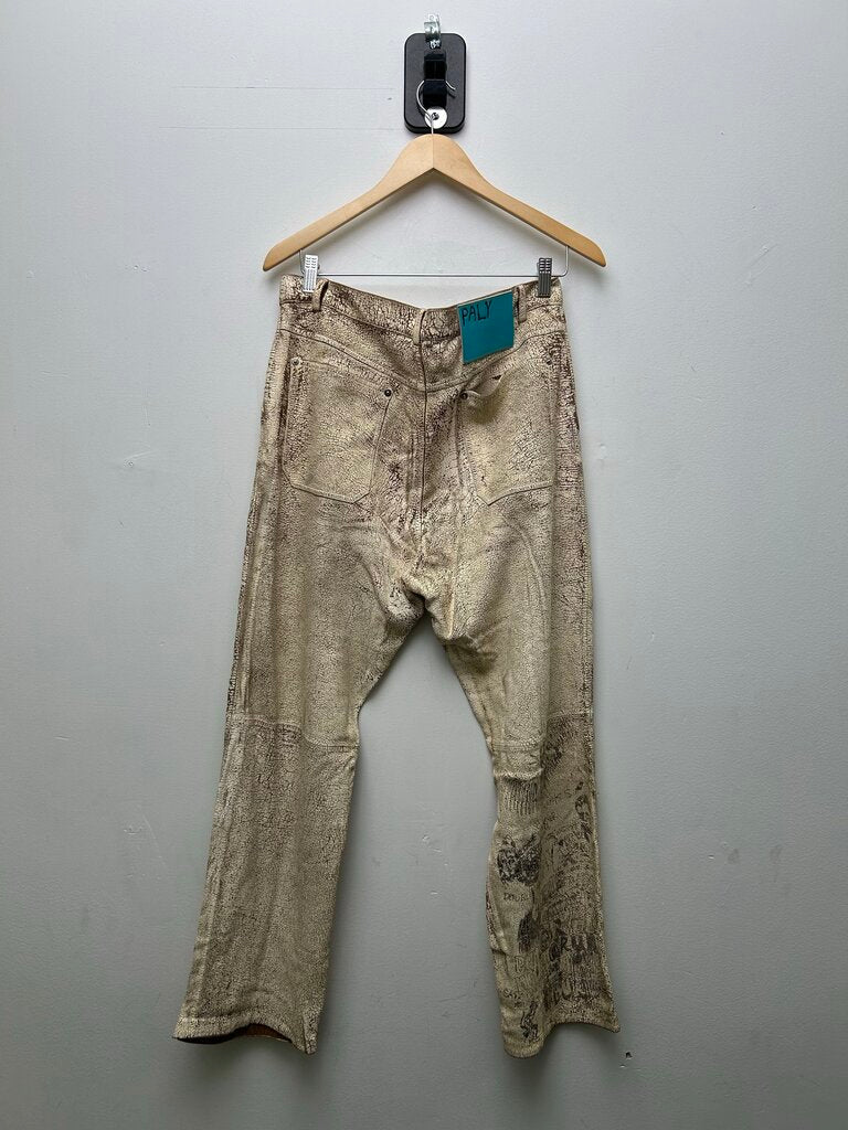 New Paly The Realm Painted Suede Lamb Cracked Leather Pants Size 34