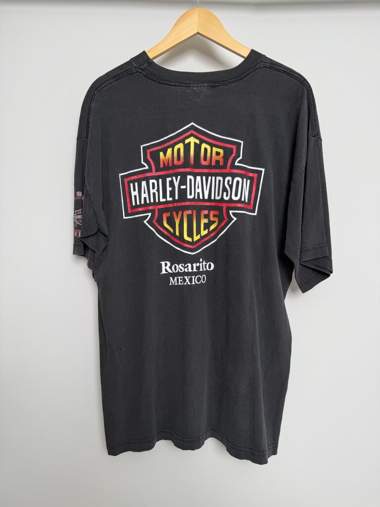90s Harley Davidson Mexico Blue Flames Black Tee size XL