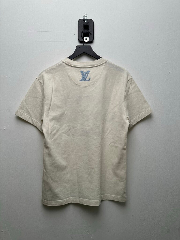Preowned Louis Vuitton Marque Blue Embroidered Logo White Tee sz.S