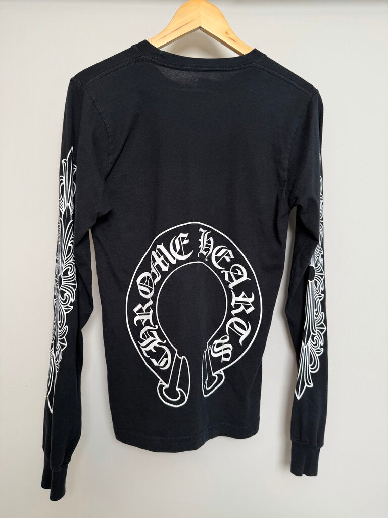 Preowned Chrome Heart Floral Horseshoe Logo Black Pocket L/S size S