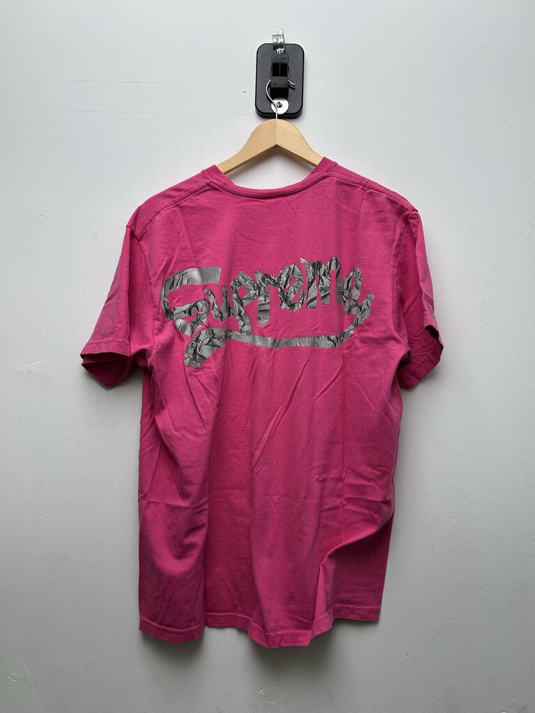 Preowned Supreme Tape Back Logo Pink Tee sz.L