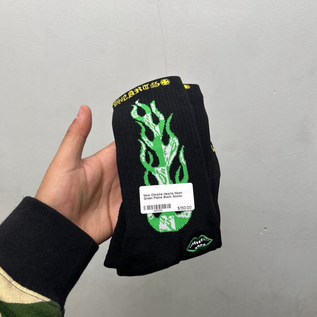 New Chrome Hearts Neon Green Flame Black Socks