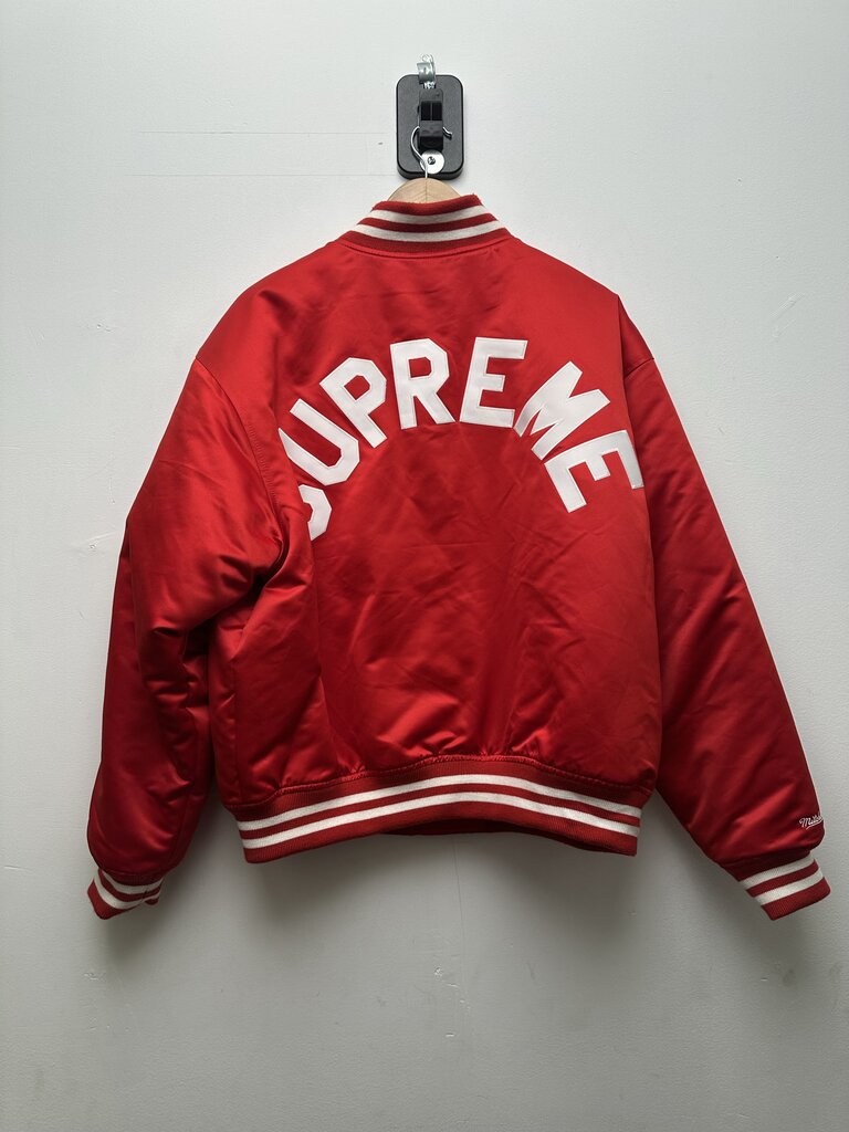 Preowned Supreme Red White Spellout M&N Varsity Jacket Sz.Large