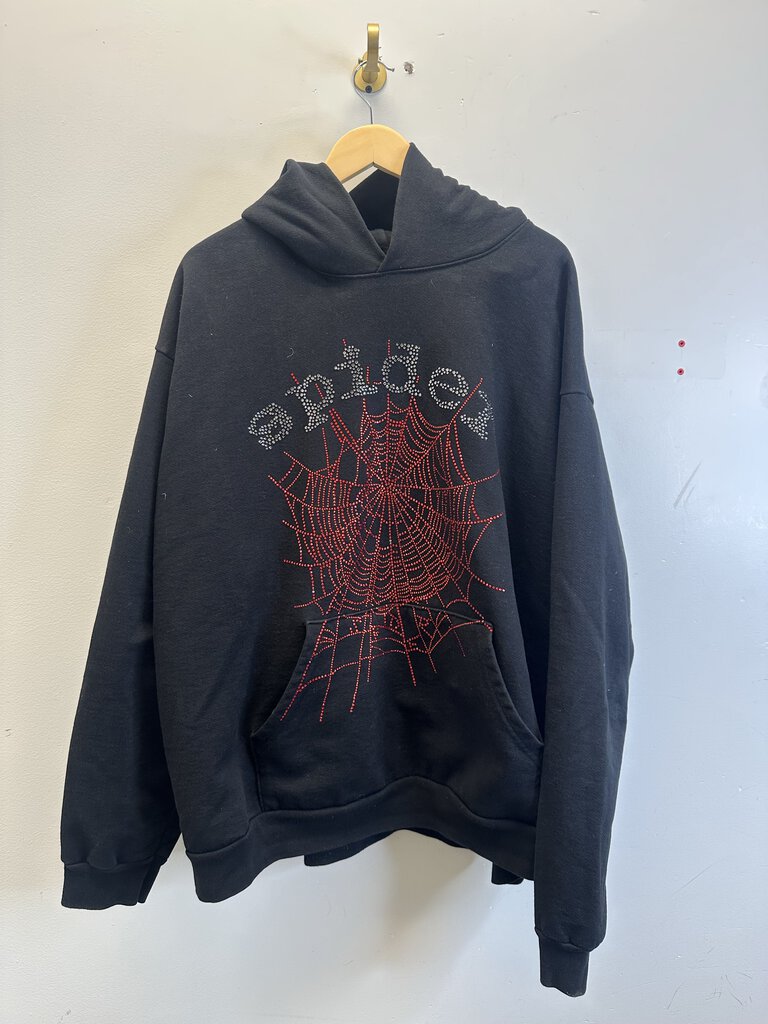 Preowned Sp5der Black Rhinestone Hoodie size 2XL