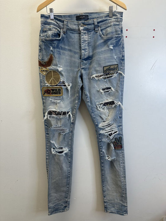 Preowned Amiri Lightwash Patch Wild Ones Denim Size 34