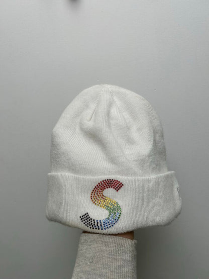 Preowned Supreme White S Multicolor Logo Beanie
