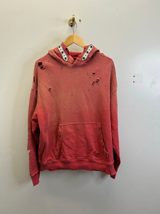 New Kapital Red Distressed Rhinestone Hoodie Size Large