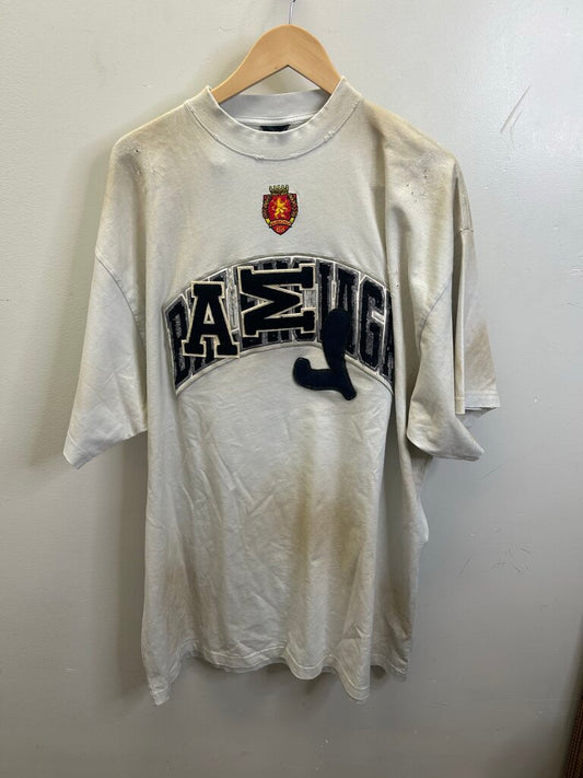 New Balenciaga White Distressed Crest Collegiate Tee sz.4