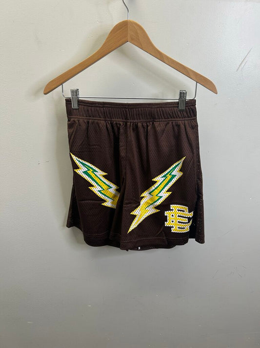 New EE Brown Yellow Bolt Shorts size M