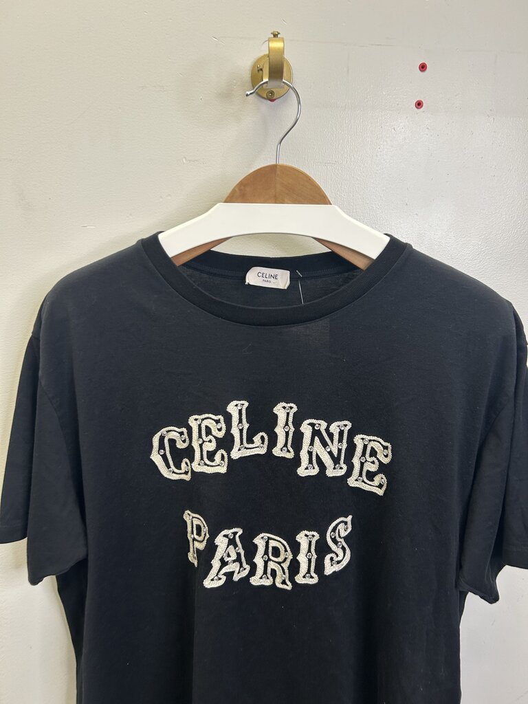 Preowned Celine Paris Cream Studded Black Tee sz.XL