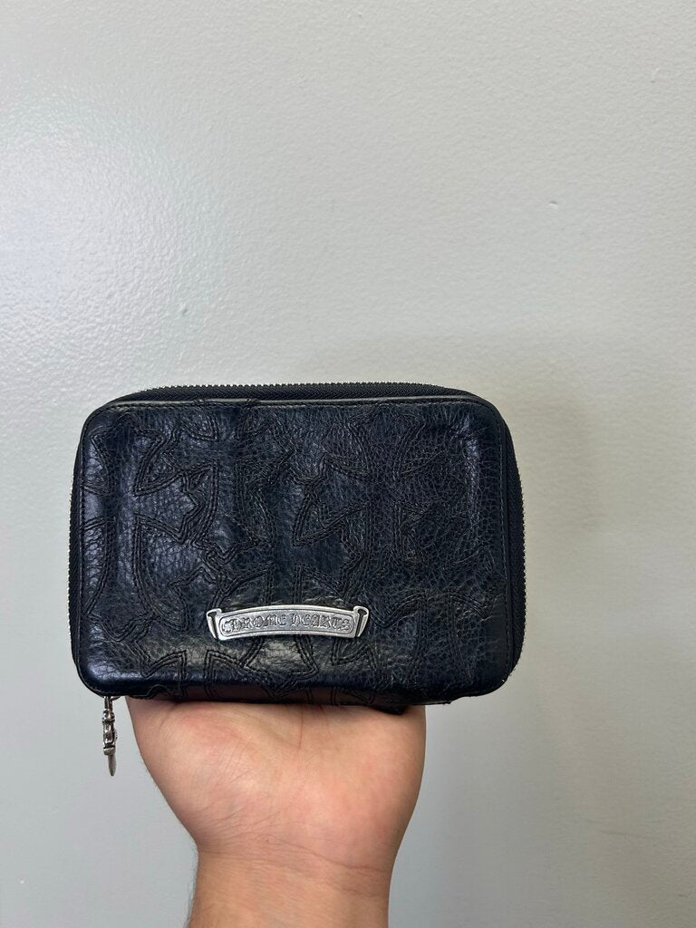 Preowned Chrome Heart Multi Patch Black Zip Wallet