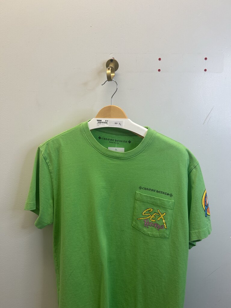 Preowned Chrome Heart Matty Boy Lime Green Sex Records Tee size L