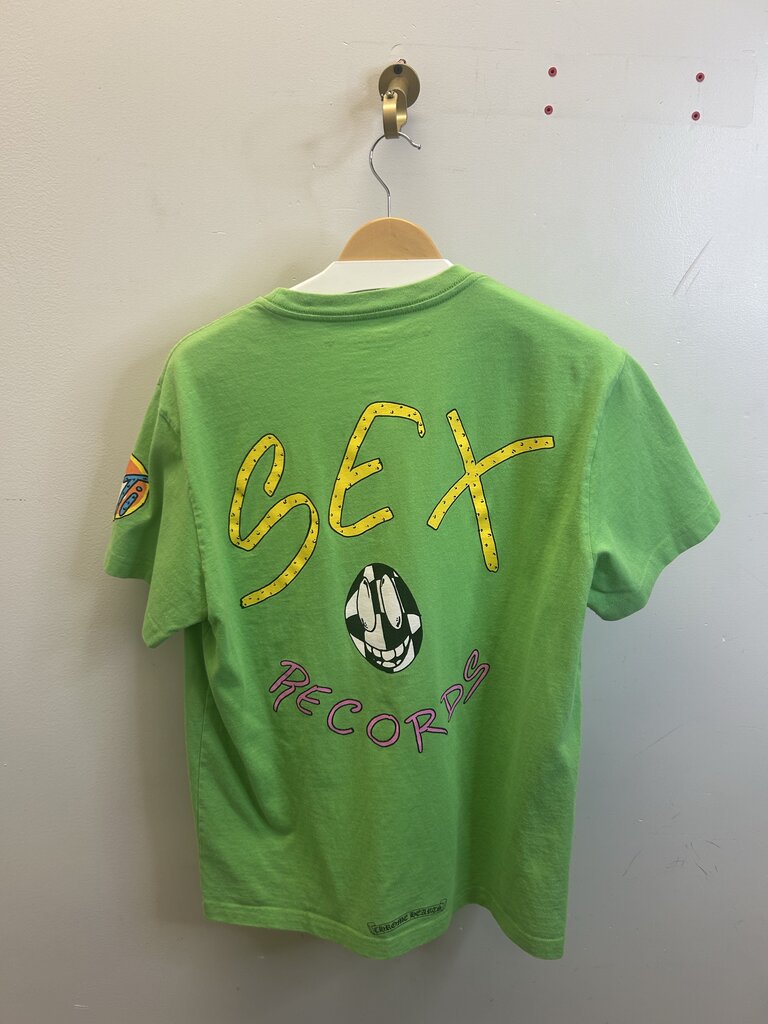 Preowned Chrome Heart Matty Boy Lime Green Sex Records Tee size L