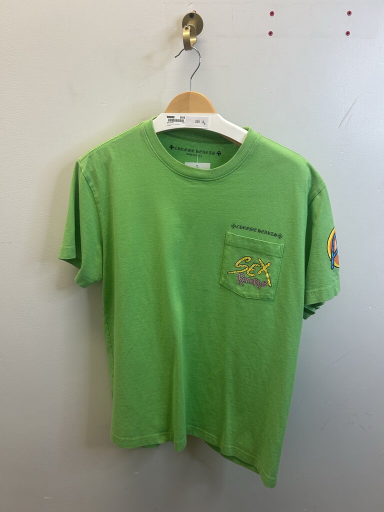 Preowned Chrome Heart Matty Boy Lime Green Sex Records Tee size L