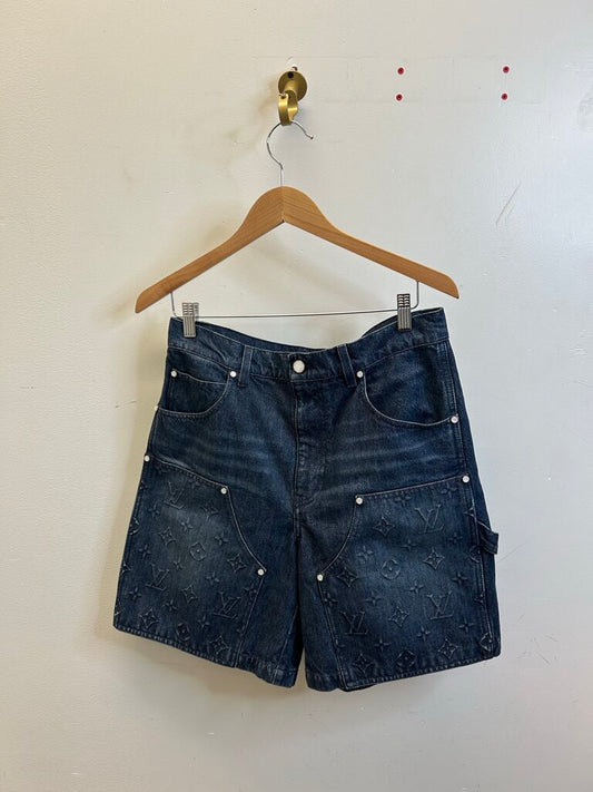 Preowned Louis Vuitton Raw Denim Double Knee Shorts Size 32