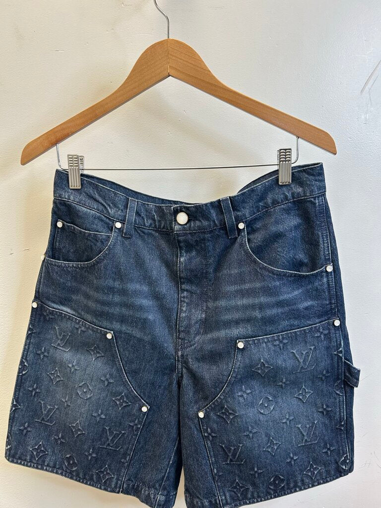 Preowned Louis Vuitton Raw Denim Double Knee Shorts Size 32