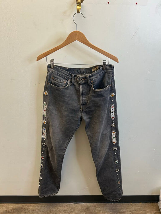Preowned Kapital Rhinestone Embellished Black Grey Denim sz.32