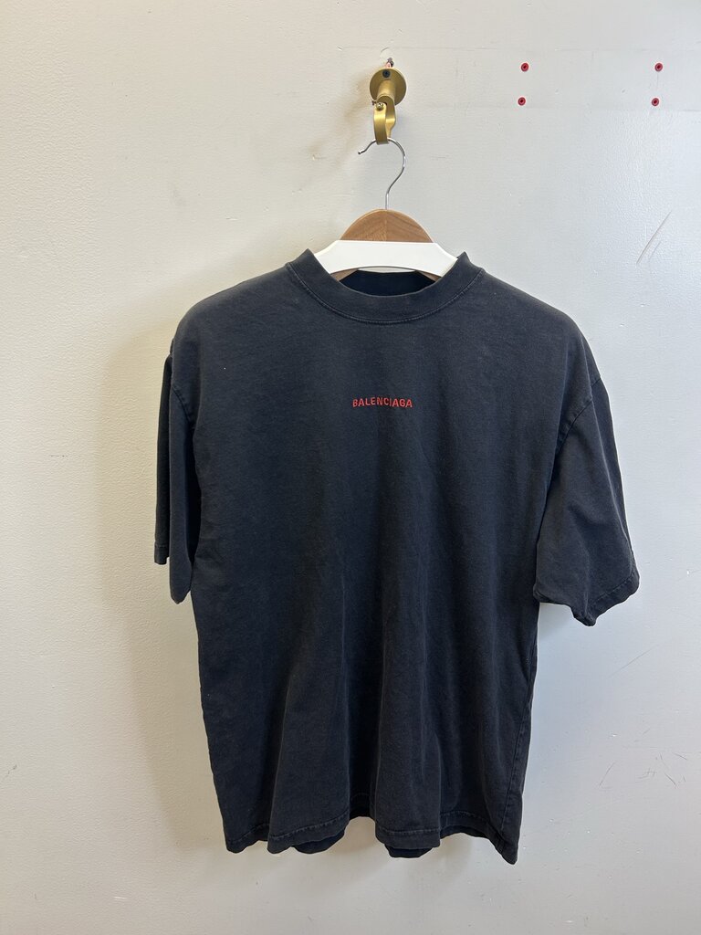 Preowned Balenciaga Black Washed Red Logo Backshot Tee Sz.XS