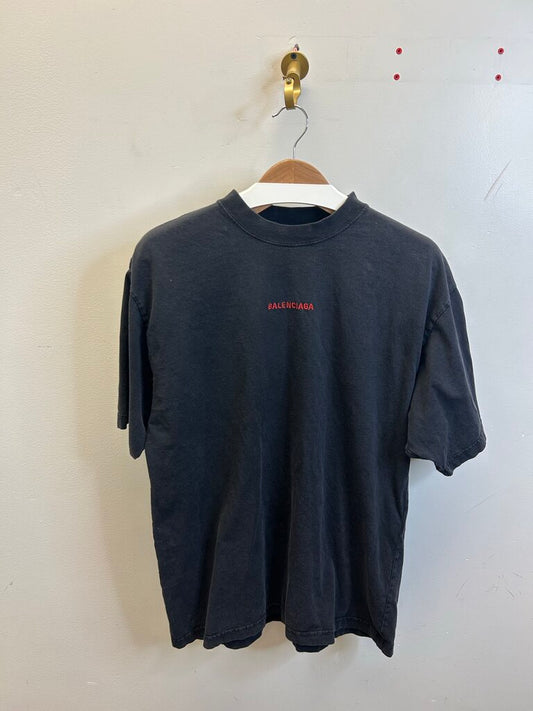Preowned Balenciaga Black Washed Red Logo Backshot Tee Sz.XS
