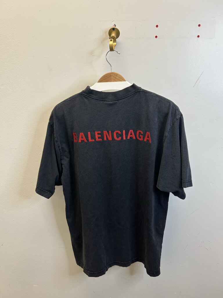 Preowned Balenciaga Black Washed Red Logo Backshot Tee Sz.XS