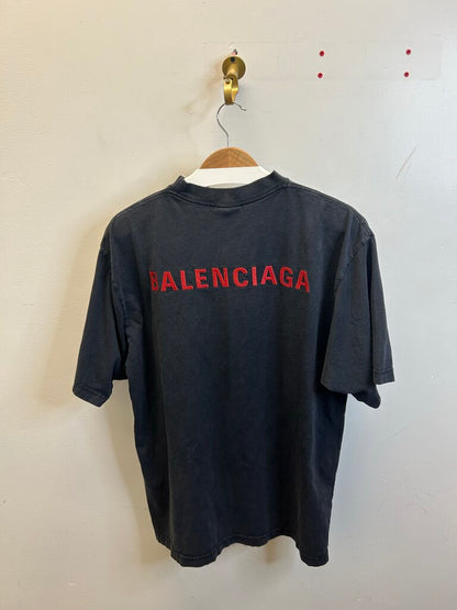 Preowned Balenciaga Black Washed Red Logo Backshot Tee Sz.XS