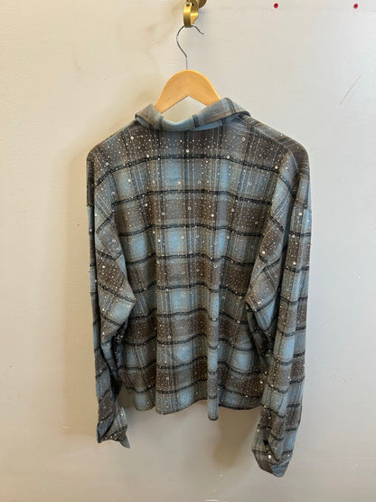 Preowned Vale Blue brown Rhinestone Flannel Sz.XXL