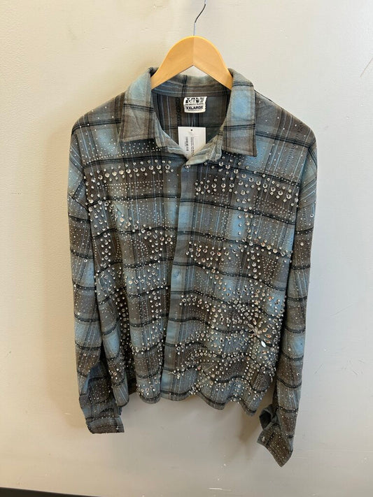 Preowned Vale Blue brown Rhinestone Flannel Sz.XXL