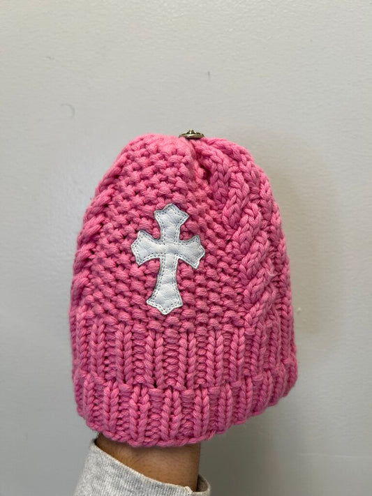 New Chrome Hearts Pink Knit Cross Beanie