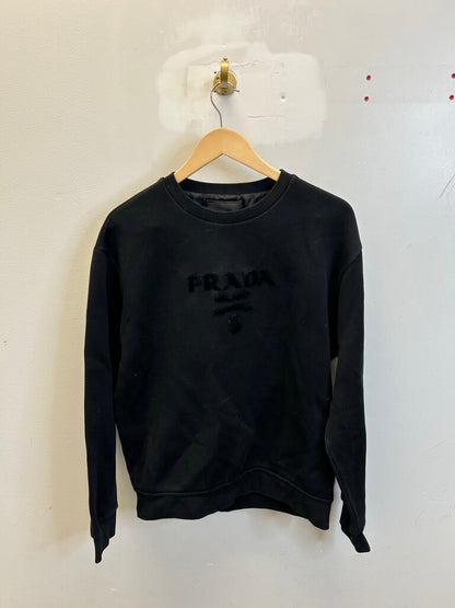 Preowned Prada Black Velour Logo Black Crewneck size XL