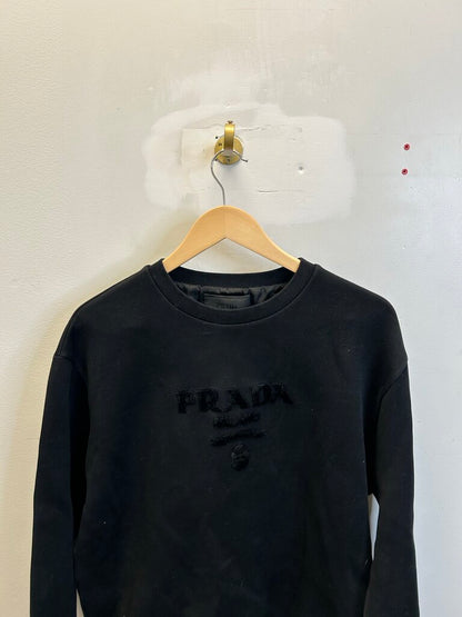 Preowned Prada Black Velour Logo Black Crewneck size XL