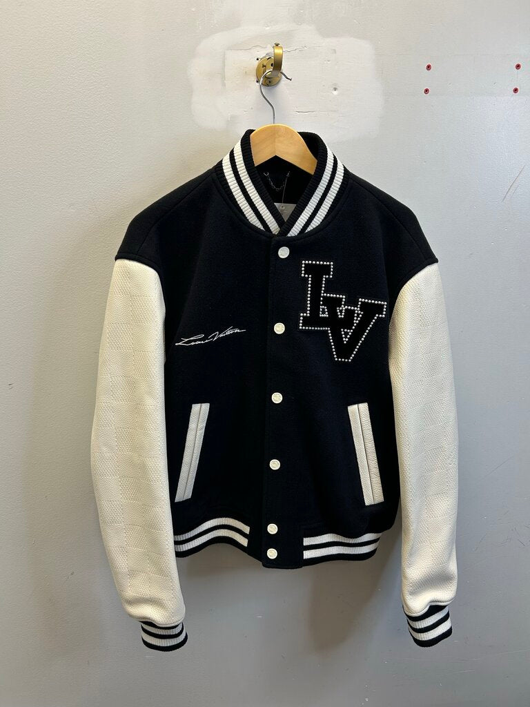 Preowned Louis Vuitton Pharell Pearl Embroiedered Black Varsity Jacket sz.54