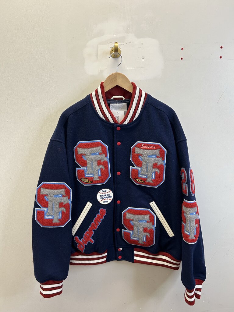 New Supreme Navy Red Drill Team Patch Varsity Jacket Sz.XL