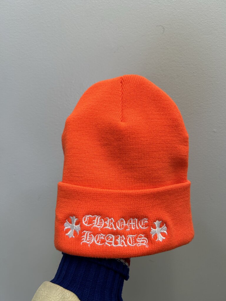 Preowned Chrome Hearts Orange Spell Out Beanie Sz. OS