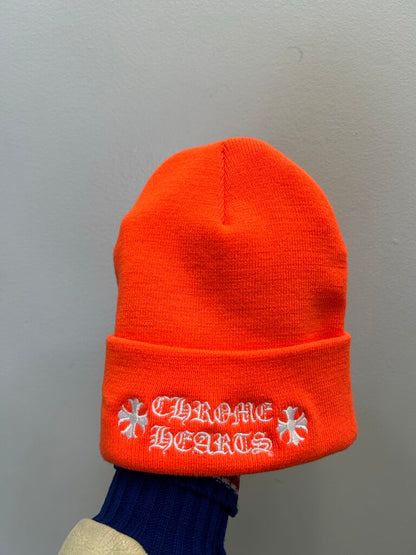 Preowned Chrome Hearts Orange Spell Out Beanie Sz. OS