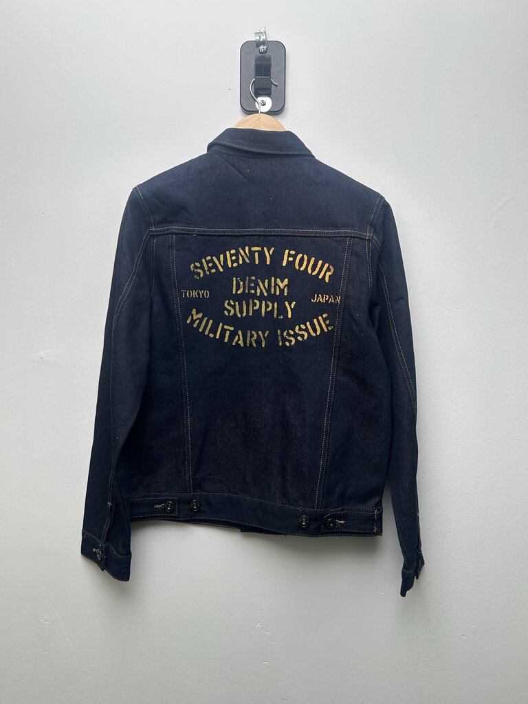 New 74 Is War Navy Patch Supply Denim Jacket sz.L