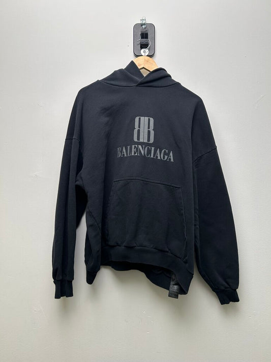 Preowned Balenciaga BB Black Grey Logo Hoodie Sz.Large