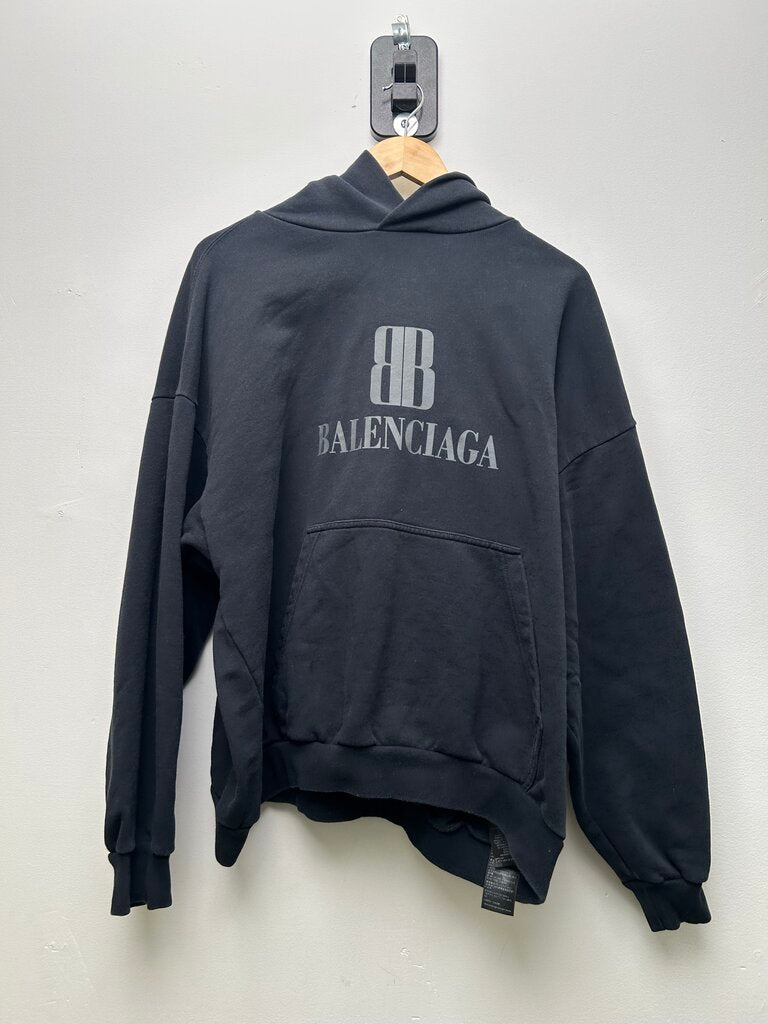Preowned Balenciaga BB Black Grey Logo Hoodie Sz.Large