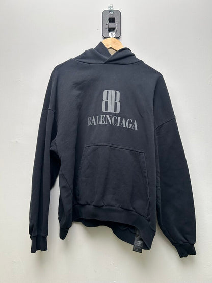 Preowned Balenciaga BB Black Grey Logo Hoodie Sz.Large