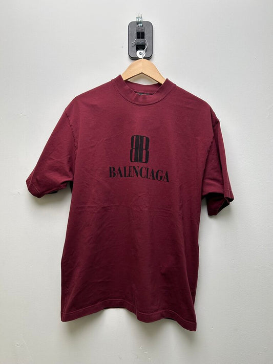Preowned Balenciaga BB Red Black Logo Tee Sz.Small