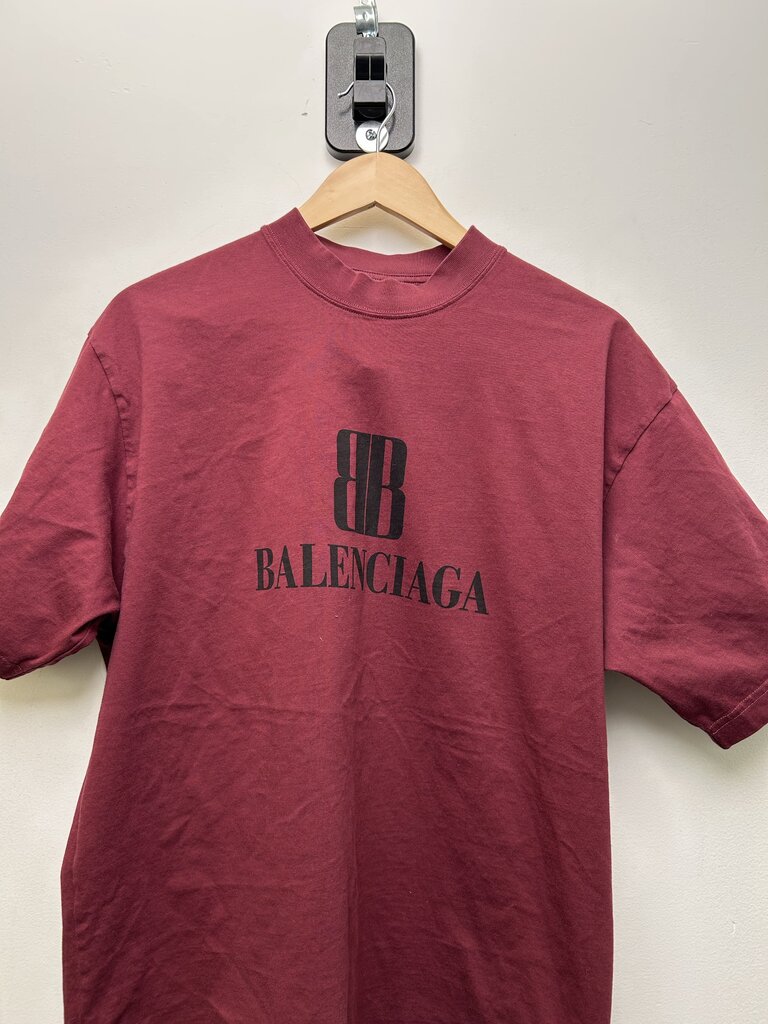 Preowned Balenciaga BB Red Black Logo Tee Sz.Small
