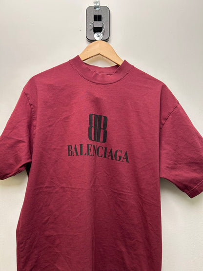 Preowned Balenciaga BB Red Black Logo Tee Sz.Small