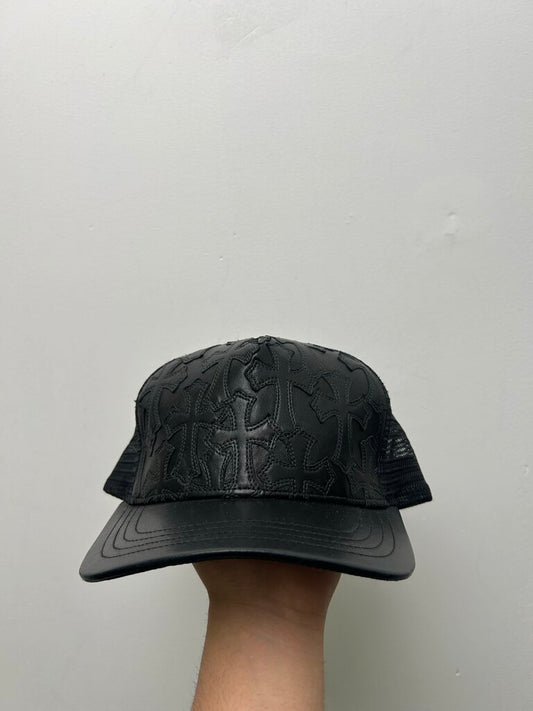 Preowned Chrome Hearts All Over Black Cemetery Cross Patch Trucker