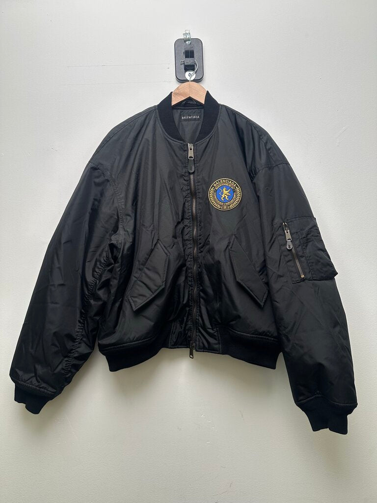 Preowned Balenciaga Lion Patch Black Bomber Jacket Size 48