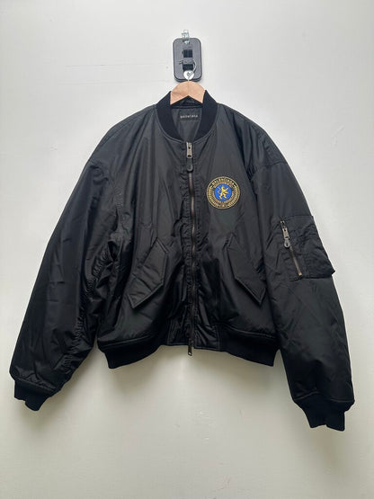 Preowned Balenciaga Lion Patch Black Bomber Jacket Size 48
