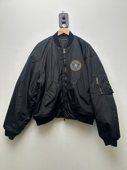 Preowned Balenciaga Lion Patch Black Bomber Jacket Size 48